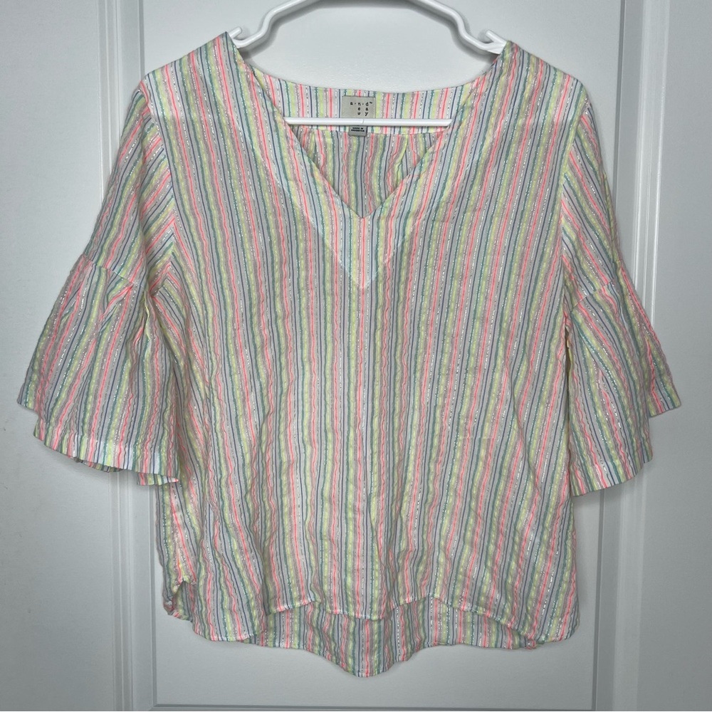 A New Day Striped V-Neck Women's Top Size Medium Flutter Sleeve Blouxe